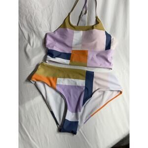 Walkonbeach Colorblock High Neck and Mid Waist Bikini, Size Large